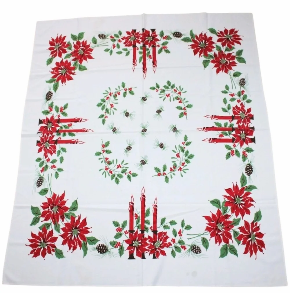 Vintage Tablecloth Christmas White with Poinsettias Pinecones 64